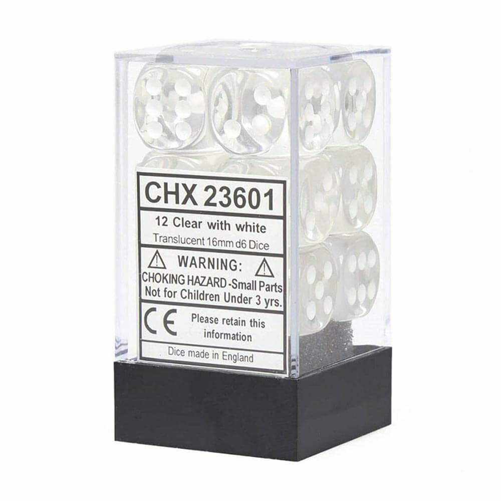 D6 Würfel, durchscheinend, 16 mm (12 Würfel)
