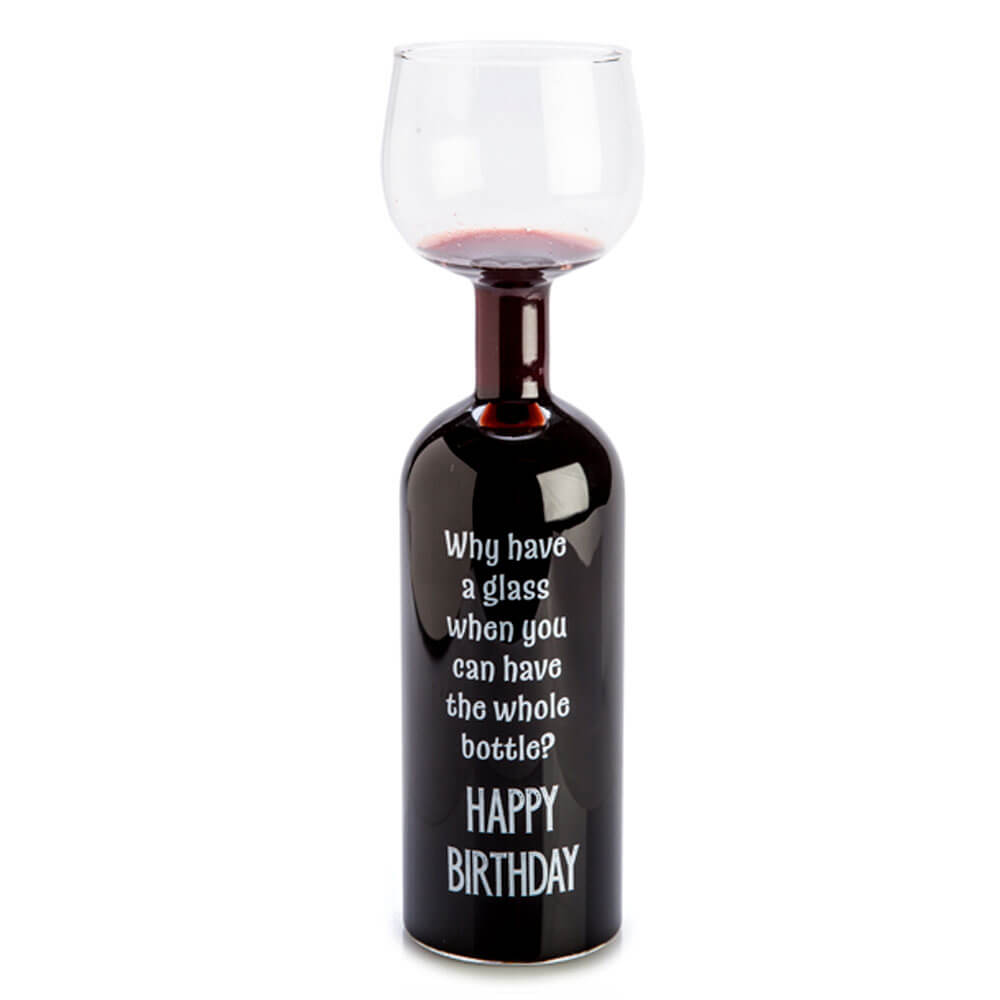 Feliz cumpleaños botella de vino copa