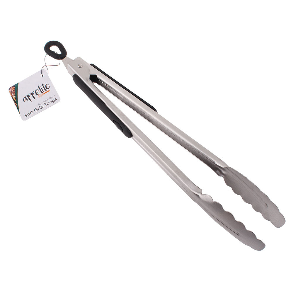 Stainless Steel Tongs with Rubber Grip & Locking Ring