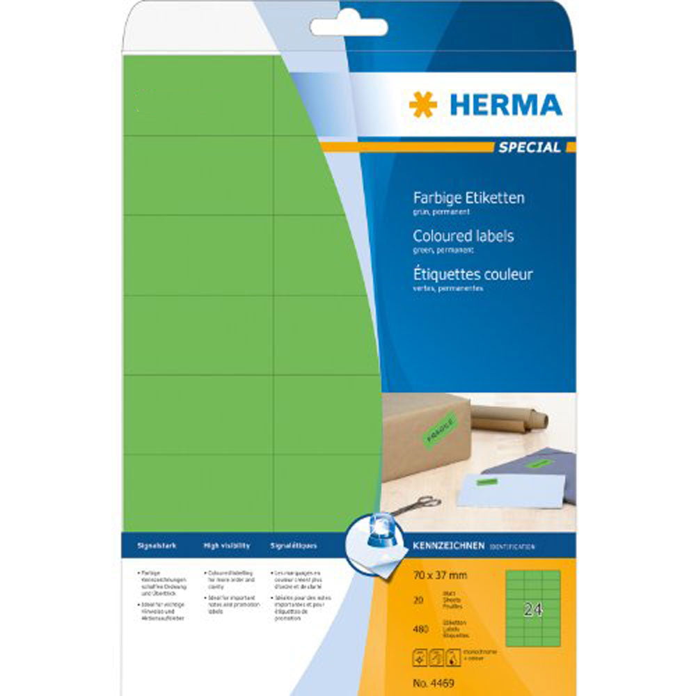 Herma aftagelige farvede etiketter A4 20pc (70x37mm)