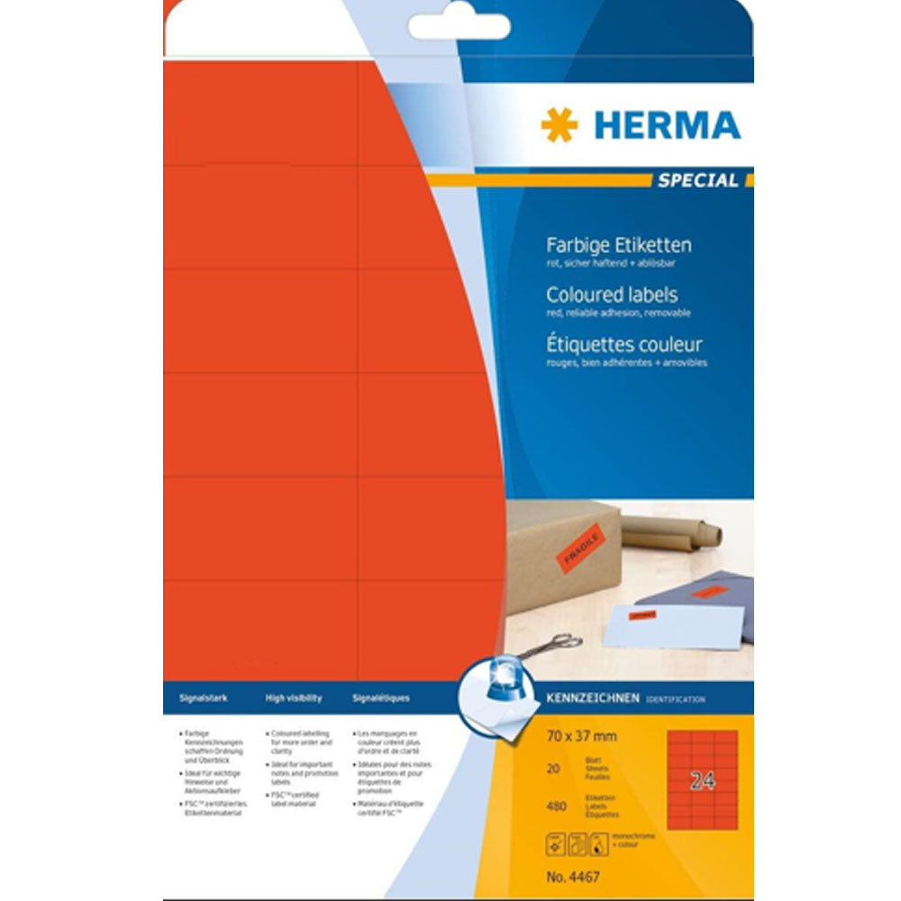 Herma avtagbar färgade etiketter A4 20 st (70x37mm)