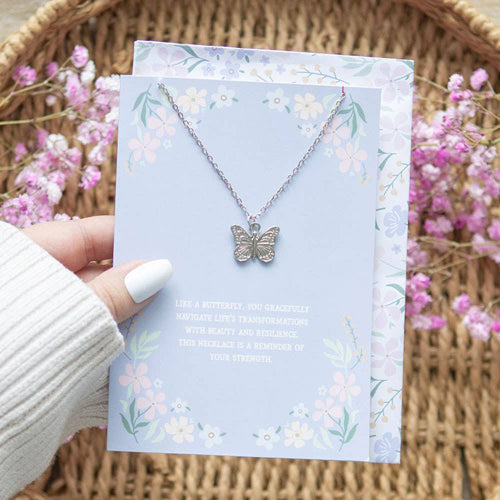 Silver Tone Butterfly Necklace On Greeting Card