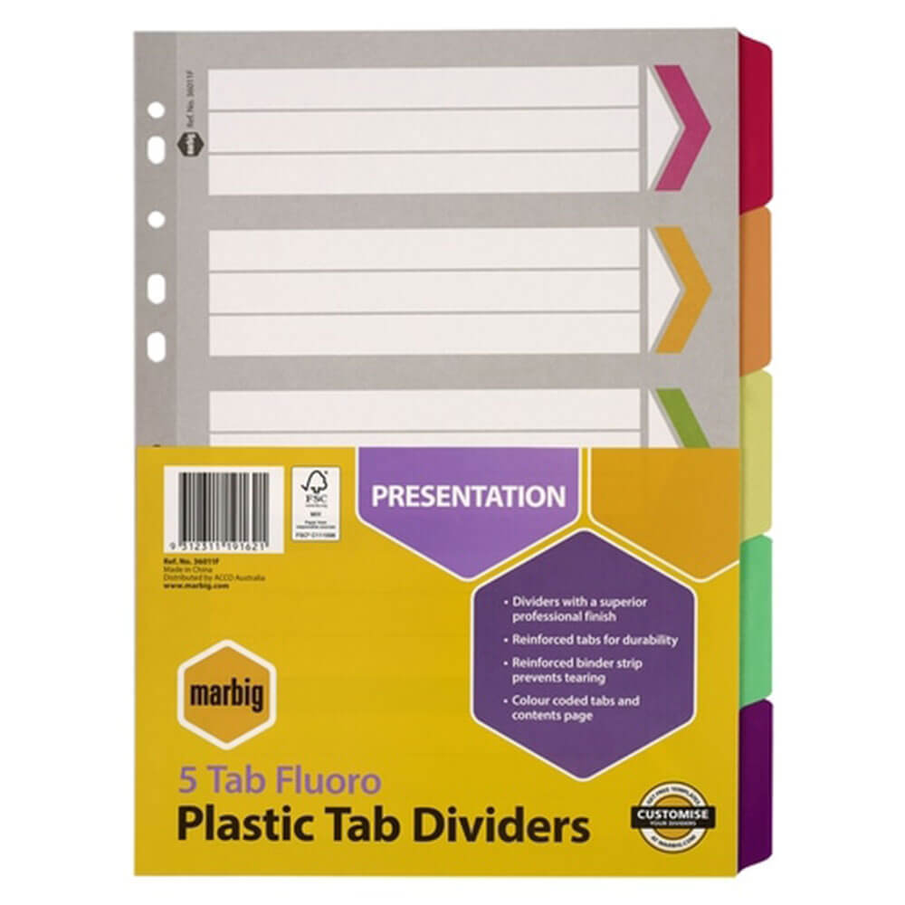 Marbig Manilla Plastic Tab Divider A4 (Fluoro)