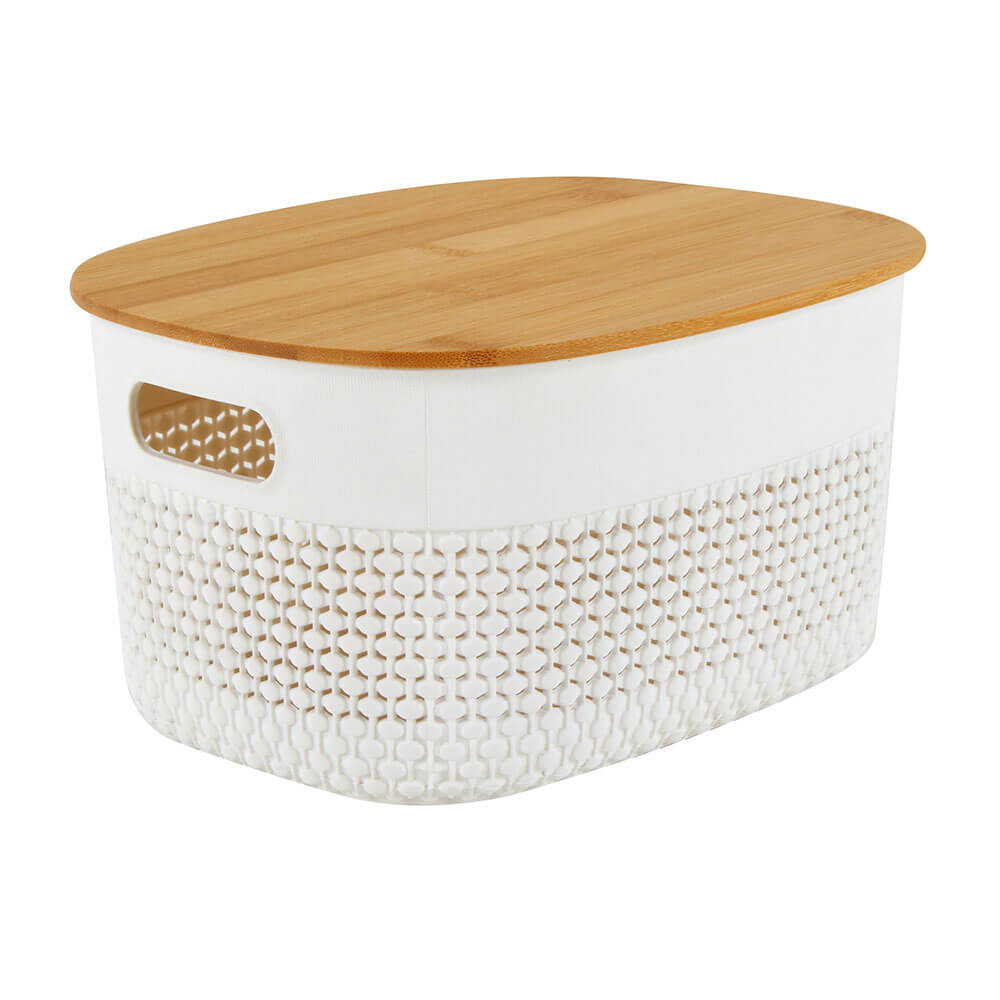 Cesta de plástico oval com tampa de bambu (branco)