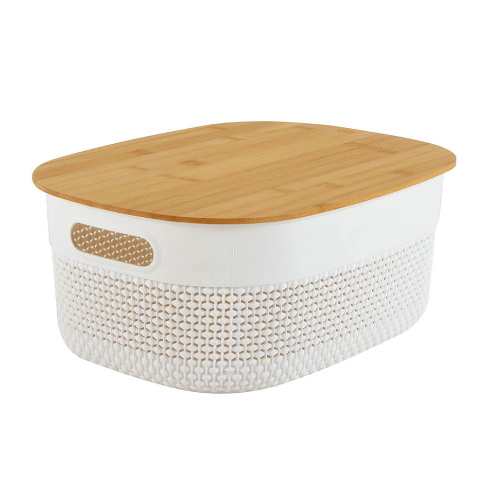 Cesta de plástico oval com tampa de bambu (branco)