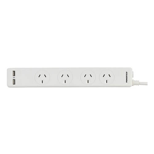 Powerboard 4 Way (2xUSB 3.1A Surge White)