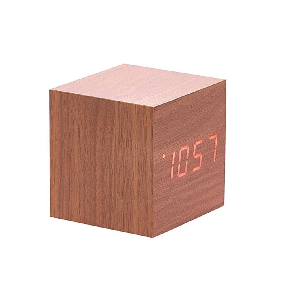 LED houten kubus bureau klok met temp/ datumdisplay