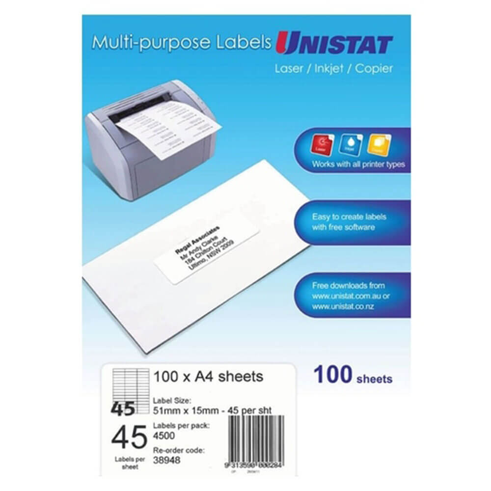 Unistat laser/inkjet/kopieerapparaat label 100 pk