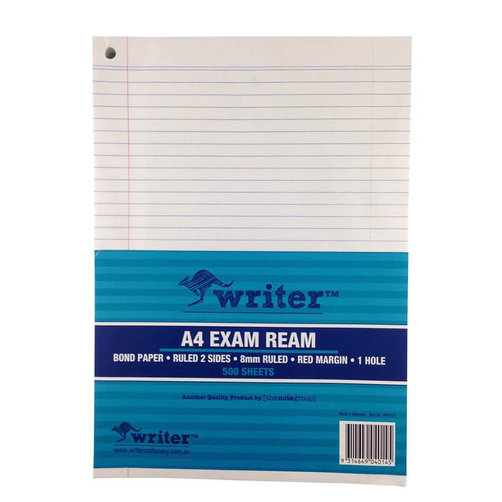 Schrijver A4 8mm geregeerd examenpapier met marge (55 gSM)